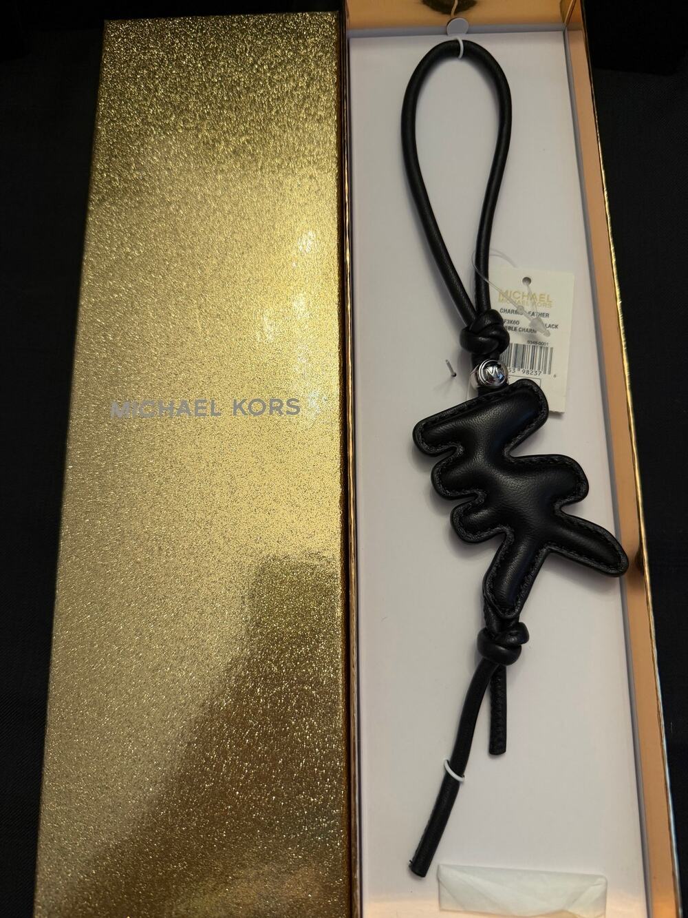 NWT Michael Kors Puffy Logo Leather Bag Charm in black padded "MK" monogram 10"